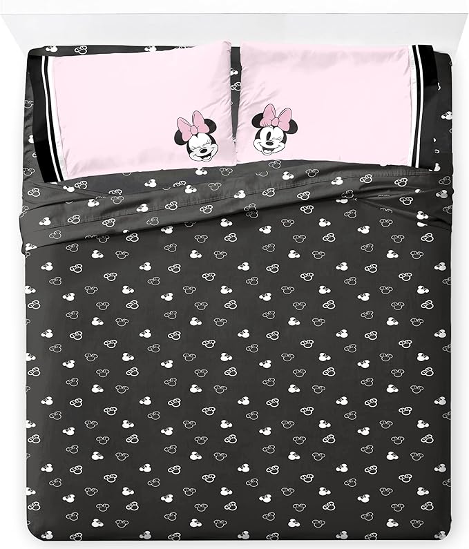 Jay Franco Kids Sheet Set with Fitted, Flat Sheets & Pillow Cover - Ultra-Soft Bedding with Pillowcase for Room Decor, Black - Minnie Mouse, 4 Piece King
