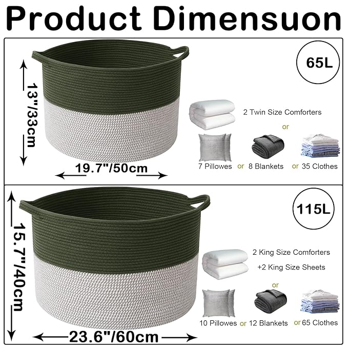 65L Large Blanket Basket,Woven Rope Laundry Basket Hamper with Handles,Decorative Nursery Basket Storage Bin for Toys, Pillows , Clothes Organizer, Living Room, Bedroom, Bathroom, Green&White