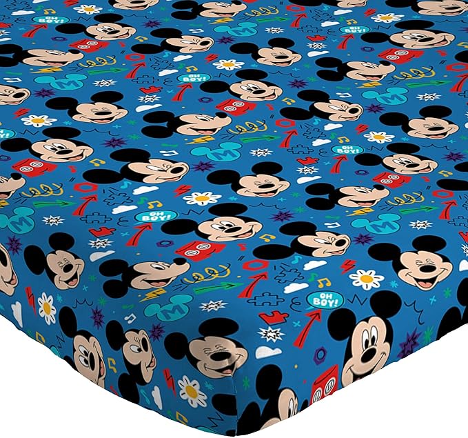 Jay Franco Kids Sheet Set with Fitted, Flat Sheets & Pillow Cover - Ultra-Soft Bedding with Pillowcase for Room Decor, Blue - Mickey Mouse, 4 Piece Queen