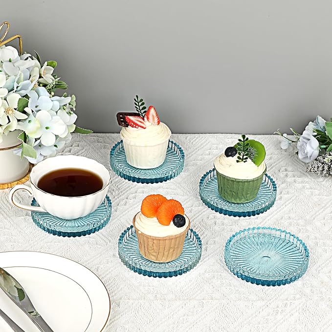 JUXYES 8 Pack Clear Blue Crystal Coasters Round Cup Mat, Glass Coasters for Drinks Coffee Tea Wine, Decorative Wine Bottle Coaster, Crystal Drink Coasters for Restaurant bar Kitchen Dining Table