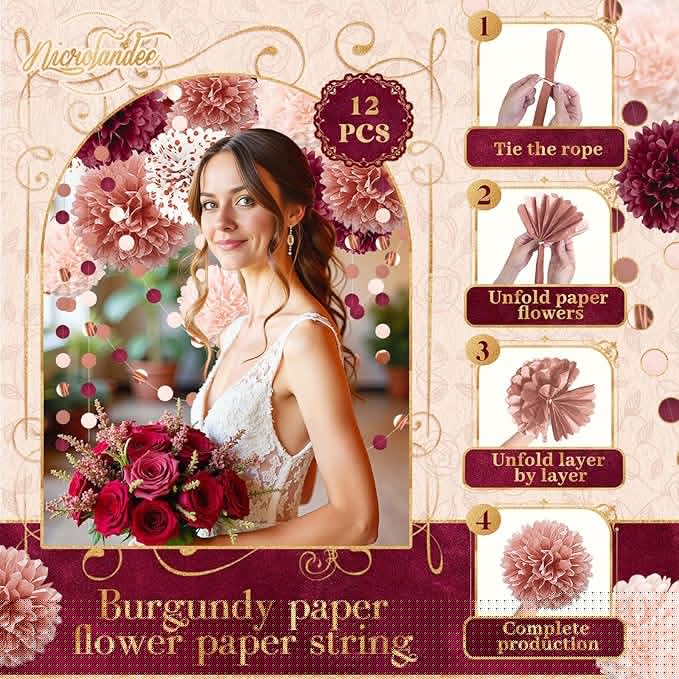 NICROLANDEE Bachelorette Party Decorations - 15Pcs Burgundy Rose Gold Tissue Pom Poms Circle Dots Polka Dot Kit for Valentines, Engagement, Wedding, Bridal Shower, Burgundy Birthday Decorations
