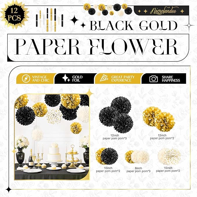 NICROLANDEE Black and Gold Party Supplies for 2026 Graduation - 12PCS Tissue Pom Poms 12" Decorative for Graduation, Wedding, Milestones Birthday for Men Women, Retirement Party, New Years Eve Party