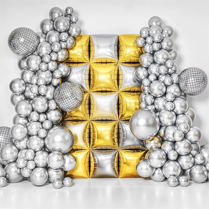 Gold Silver Square Foil Balloon Wall,25Pcs Double Sided Balloons Backdrop Helium Polyester Film Balloon Tunnel Arch Garland Kit for Birthday Bridal Anniversary Baby Shower Party Decorations