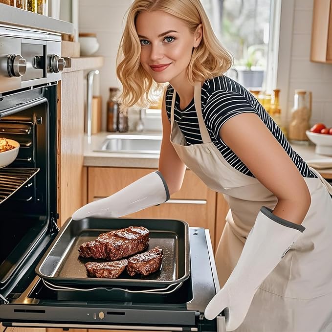 Silicone Oven Gloves- 15" Extra Long, Heat Resistant Oven Gloves with Fingers, Kitchen Oven Mitts Smoker Gloves for Baking, Grilling, Cooking, Food Grade, Waterproof (7/S)