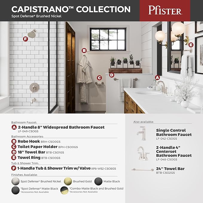 Pfister Capistrano Bath Towel Bar for Bathroom, 18-Inch, Wall-Mounted, Screw-in, Spot Defense Brushed Nickel Finish, BTBCSO1GS
