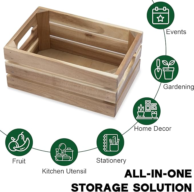 VICTORY RELAX Nesting Wood Storage Crates (Set of 3) - Light Natural Acacia Wood Stackable Wooden Boxes for Storage & Organization - Decorative Wooden Basket Set for Fruits, Shelving & Home Decor