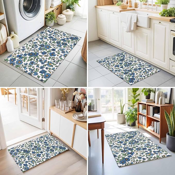 Area Rug 2x3ft, Blue Tiny Flowers Green Leaves Washable Rugs for Living Room Bedroom, Farmhouse Botanical Soft Non-Slip Area Rugs Rectangle Floor Carpet for Dining Room