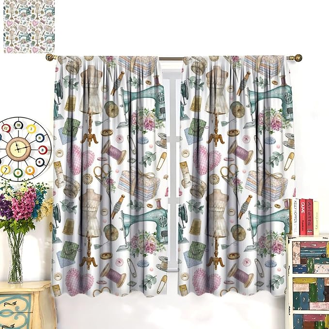 Sewing Theme Window Curtain,Vintage Sewing Machine Tool Watercolor Pattern Print Blackout Curtains for Bedroom Cafe Dining Room Office Living Room Kitchen Drapes, 72x63 in