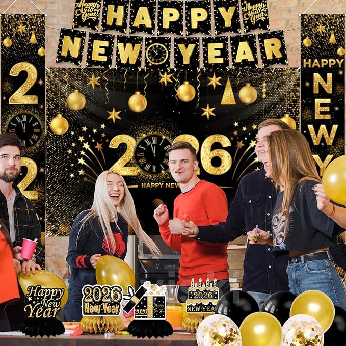 New Years Eve Party Decorations, Happy New Year 2026 Decorations for Party Supplies - Including garland banner, Background Banner, Table Centerpieces, Door/Wall Banner, Balloons