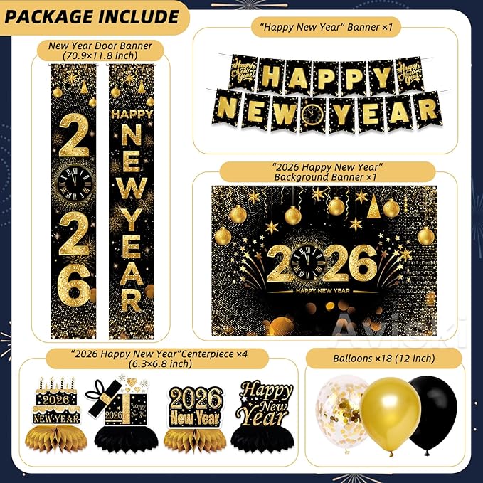 New Years Eve Party Decorations, Happy New Year 2026 Decorations for Party Supplies - Including garland banner, Background Banner, Table Centerpieces, Door/Wall Banner, Balloons