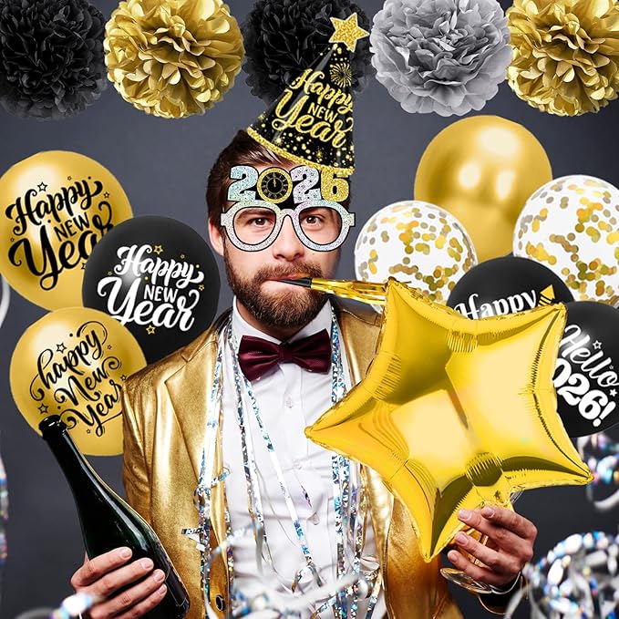 New Year Decorations 2026 - Black Gold Happy New Year Party Supplies Set include Banner, Balloons, Hats, Headbands, Glasses, Blowouts and Squawkers