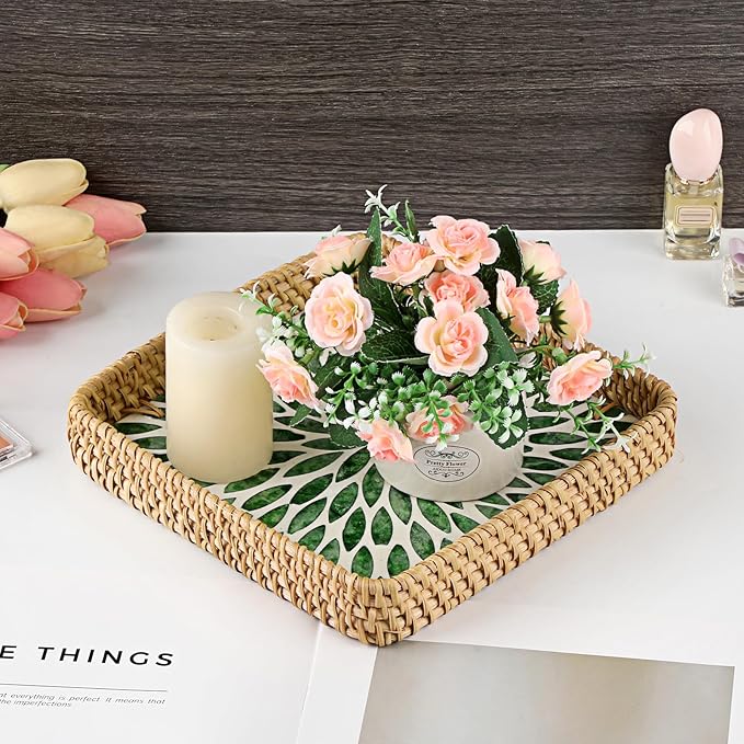 Woven Key Basket for Entryway Table Wicker Basket Tray Key Holder Decorative Serving Tray with Mother-of-Pearl Inlay for Jewelry, Green