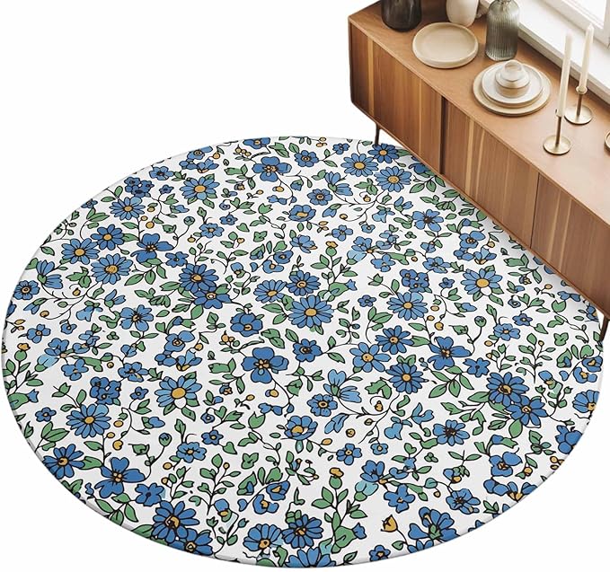 Washable Round Area Rug Blue Tiny Flowers Green Leaves Circle Rugs Floor Carpet for Living Room Bedroom, Farmhouse Botanical Soft Non Slip Round Rug 5ft