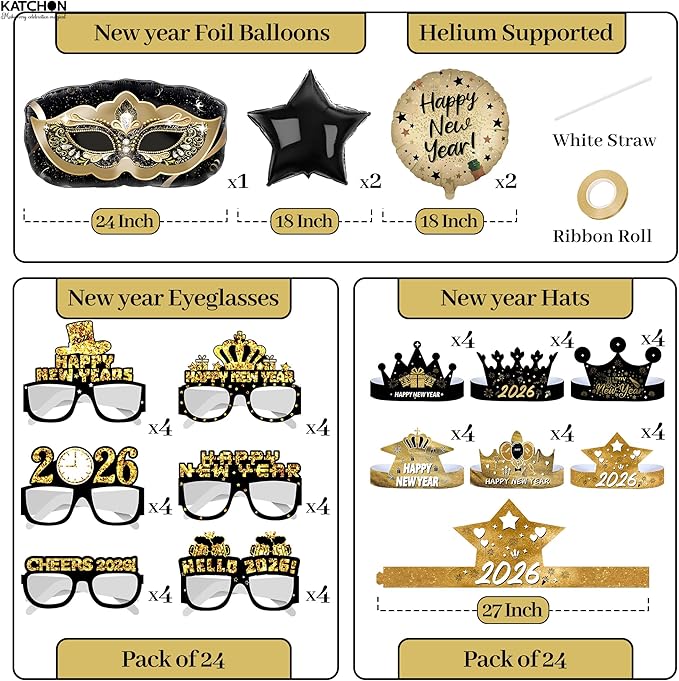 KatchOn, Huge New Years Eve Party Supplies 2026 - Pack of 231 | Wall Banner, Plates, Napkins, Tablecloth, Hats, Table Cover & Balloons For Happy New Year Decorations | New Years Eve Decorations 2026