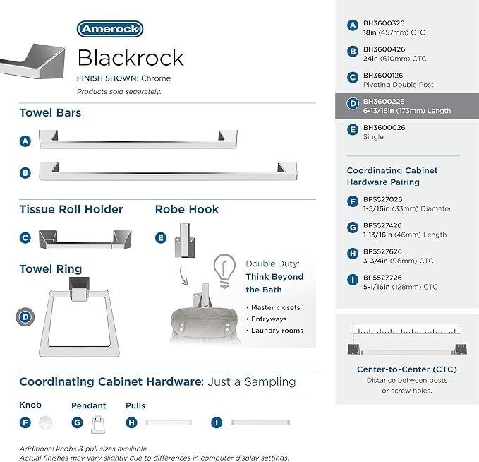 Amerock BH3600226 | Chrome Towel Bar | 6-13/16 in (173 mm) Length Towel Holder | Blackrock | Hand Towel Holder for Bathroom Wall | Small Kitchen Towel Holder | Bath Accessories