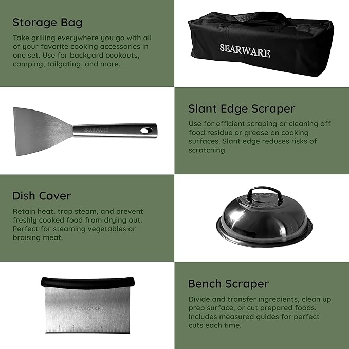 Griddle Accessories Set - Durable Stainless Steel Tools for Flat Tops - Includes Heat-Resistant Grill Glove & Cast Iron Grill Press