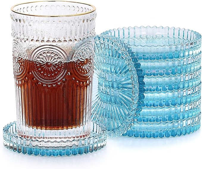 JUXYES 8 Pack Clear Blue Crystal Coasters Round Cup Mat, Glass Coasters for Drinks Coffee Tea Wine, Decorative Wine Bottle Coaster, Crystal Drink Coasters for Restaurant bar Kitchen Dining Table