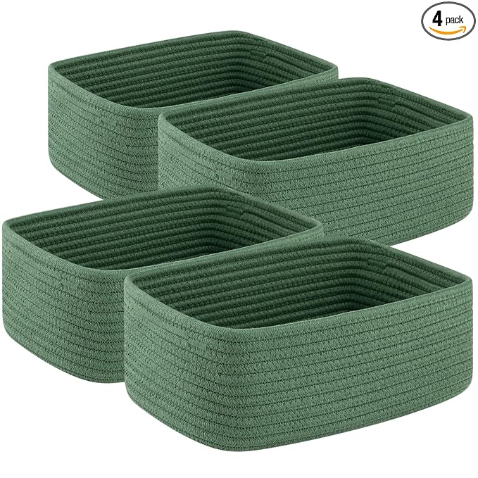 OIASKET 4 Pack Small Storage Shelf Baskets for Organizing, Mini Woven Rope Storage Bins for Towels, Cute Decorative Closet Organizer，Baby Nursery, Gift Empty Baskets -13''Lx8.66''Wx5.11''H-Green