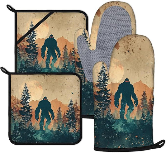 Vintage Bigfoot Forest Oven Mitts and Pot Holders Sets 4Pcs Mountain Silicone Kitchen Gloves Heat Resistant Potholders for Baking Cooking Grilling BBQ