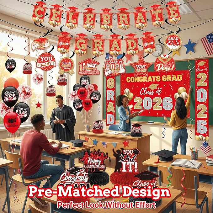 Red 2026 Graduation Party Decor Kit-Includes Backdrop, Banner, Balloons, Hanging Ornaments & Honeycomb Decorations for Class of 2026 -Full Set for High School and University Graduation Events