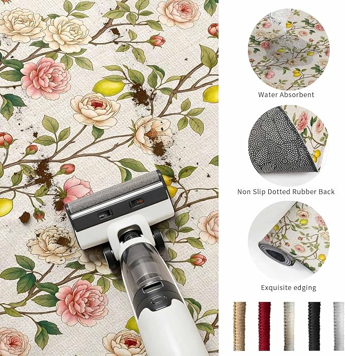 Area Rug 8x10ft, Farmhouse Blossom Flower Leaf Lemon Washable Rugs for Living Room Bedroom, Summer Retro Floral Fruit Soft Non-Slip Area Rugs Rectangle Floor Carpet for Dining Room