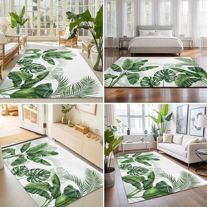 Area Rug 8x10ft, Watercolor Green Tropical Leaves Washable Rugs for Living Room Bedroom, Botanical Palm Leaf Plants Soft Non-Slip Area Rugs Rectangle Floor Carpet for Dining Room