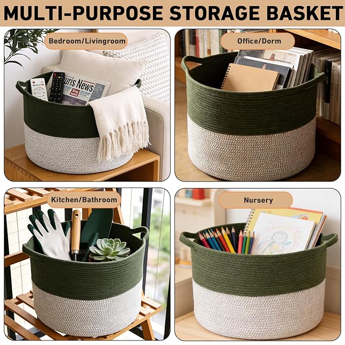 115L Extra Large Blanket Basket,Woven Rope Laundry Basket Hamper with Handles, Decorative Nursery Basket Storage Bin for Toys, Clothes Organizer, Living Room, Bedroom, Bathroom, Green&White