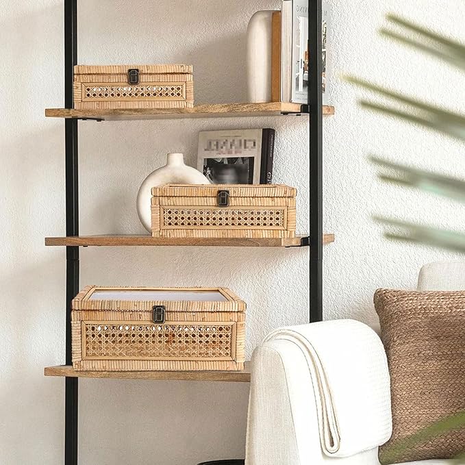Hipiwe Vintage Decorative Box with Clear Lid Rattan and Wood Display Boxes Handcrafted Shelf Basket Bin Large Wicker Storage Basket Rectangular keepsakes Box for Bathroom Home Decor, 14x10x5.7 inch