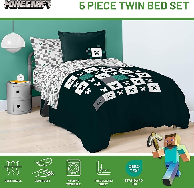Jay Franco Minecraft Creeper Twin Comforter Set - 5 Piece Gamer Bedding Includes Sheet Set & Pillow Covers - Super Soft Checkered Bedding