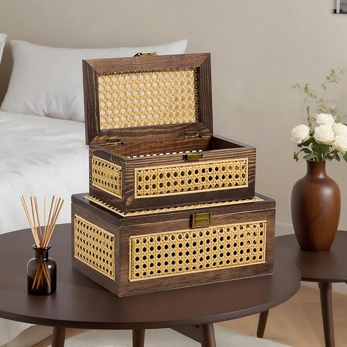 2PCS Rattan Storage Boxes Decorative Handmade Natural Wood Baskets with Lid Wooden Frame Boho Rustic Wicker Box Woven Cane Bins Shelf Closet Organizer Container (Walnut, 1 Large 1 Small)