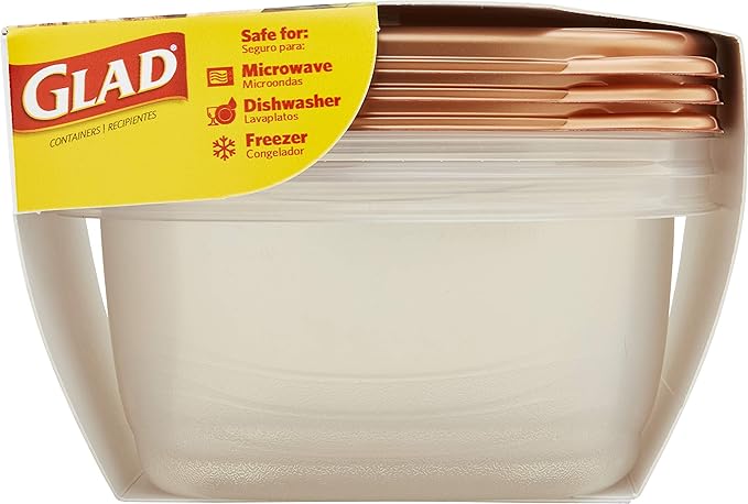 Glad GladWare Home Collection Tall Entree Food Storage Containers with Copper Metallic Lids, Large Square No BPA Plastic for Meal Prep and Lunches, Lock Tight Seal, 42 Oz, 3 Count - 6 Pack