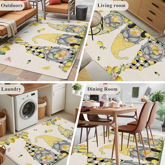 Area Rug 3x5ft, Summer Gnome with Lemon Washable Rugs for Living Room Bedroom, Farmhouse Dwarf Fruit on Linen Soft Non-Slip Area Rugs Rectangle Floor Carpet for Dining Room