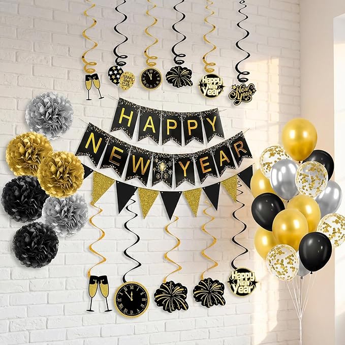 New Year‘s Eve Party Supplies 2026 -34PCS Happy New Years Decorations 2026 for 12+ Guests Includes Banner, Pom Poms, Balloons ,Triangle Flag for Nye 2026 Celebrations Premium Black Gold new years set