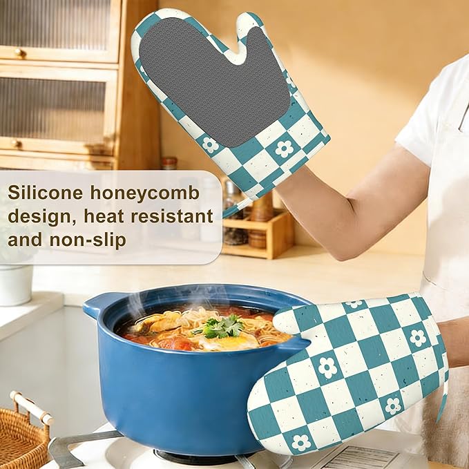 Vintage Groovy Checkered Oven Mitts and Pot Holders Sets of 4, Heat Resistant Flower Silicone Oven Mitts Gloves Non-Slip Kitchen Mittens Potholders for Cooking Baking Grilling BBQ