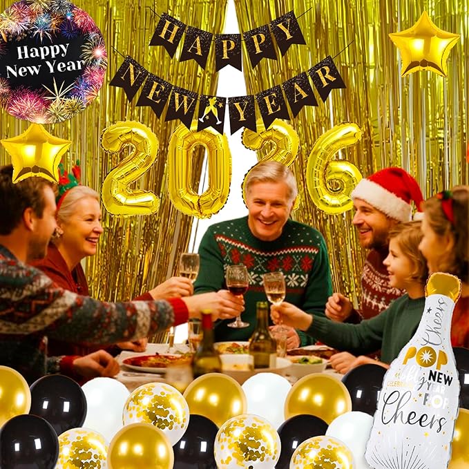 2026 New Years Eve Party Supplies, Happy New Year Decorations 2026, New Years Decorations Kit with 2026 Balloons, Happy New Year Banner, Gold and Black Balloons, Fringe Curtain for NYE Decoration