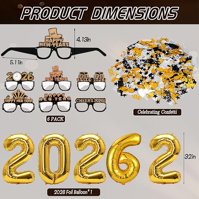 New Years Eve Party Supplies 2026, Black Gold New Years Foil Balloon Decorations Banner Hats Glasses Noisemakers Blowouts Curtains Numbers 2026 Balloons Photo Props for NYE Party Decorations