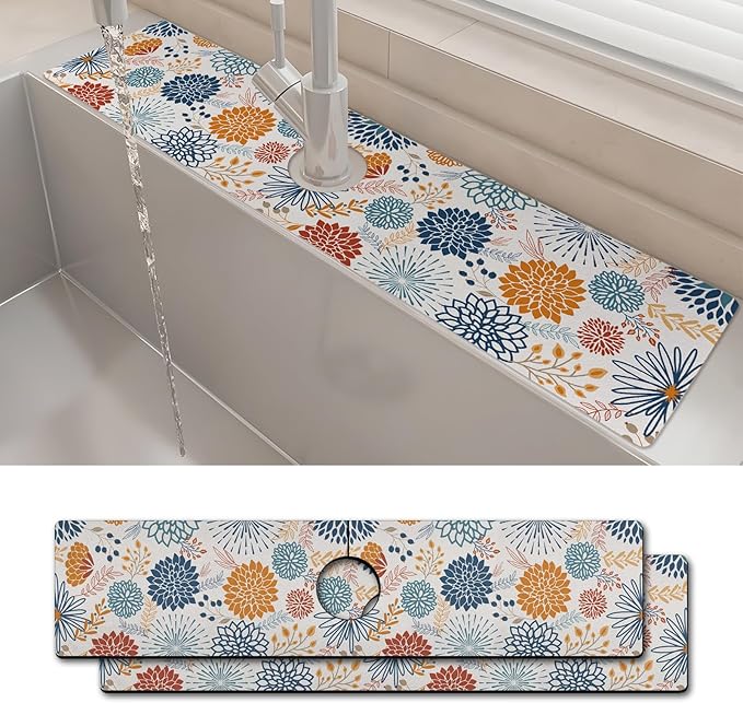 2PCS 24" X 5.5" Kitchen Sink Splash Guard Faucet Mat Mandala Super Absorbent Fast Drying Faucet Guard & Draining Mat Sink Splash Guard Behind Faucet for Kitchen, Bathroom