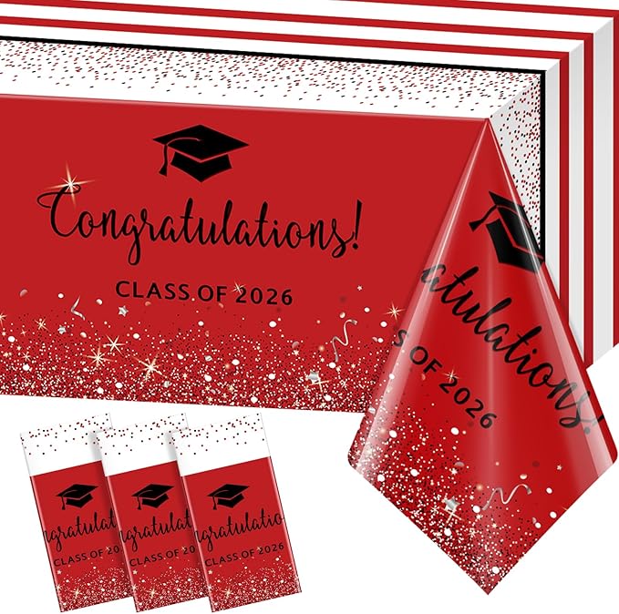 3 Pack Class of 2026 Graduation Tablecloths,Foil Dot Plastic Disposable Rectangle Table Covers for 2026 High School University College Graduation Party Decorations,108*54 Inch (Red and Black)