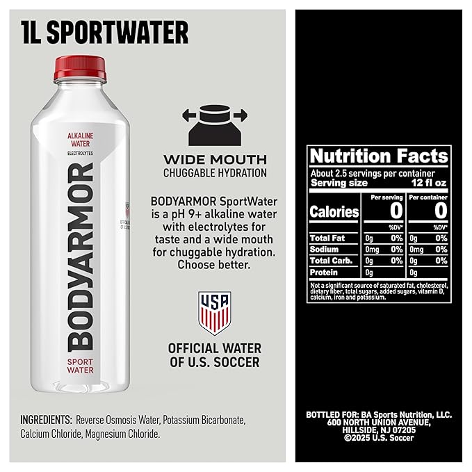 BODYARMOR SportWater Alkaline Water, High Alkaline Bottled Water, pH 9+, 1 Liter (6 Pack), Refreshing Electrolyte Water Pack, Wide Mouth Bottle