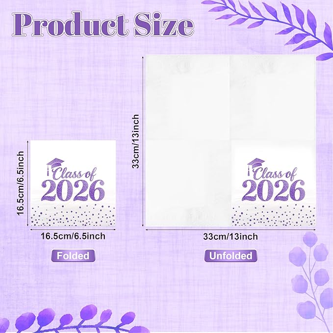 Graduation Napkins Class of 2026 Napkins Disposable Paper Napkins Congrats Grad Cocktail Napkins Graduation Decorations 2026 Purple Napkins Hand Towels for College Graduation Party Decorations 50 Pcs