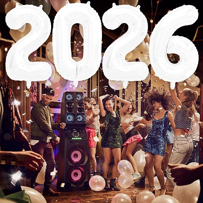 2026 Balloons New Years Eve Party Supplies - 40" Large White Foil Number Balloon New Years Decorations Graduation Balloons Class of 2026 Happy New Year Birthday Anniversary Graduation Decorations