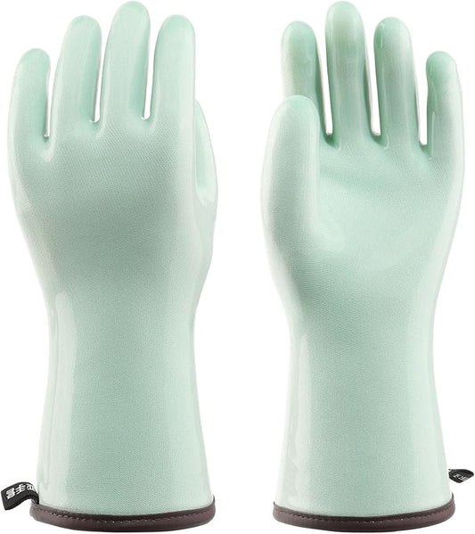 PACIFIC PPE Heat Resistant Oven Gloves, Food Grade Safety Gloves with Thickened Waterproof Silicone Coating for Cooking, Grilling, Baking, Smoker, Green, M/8