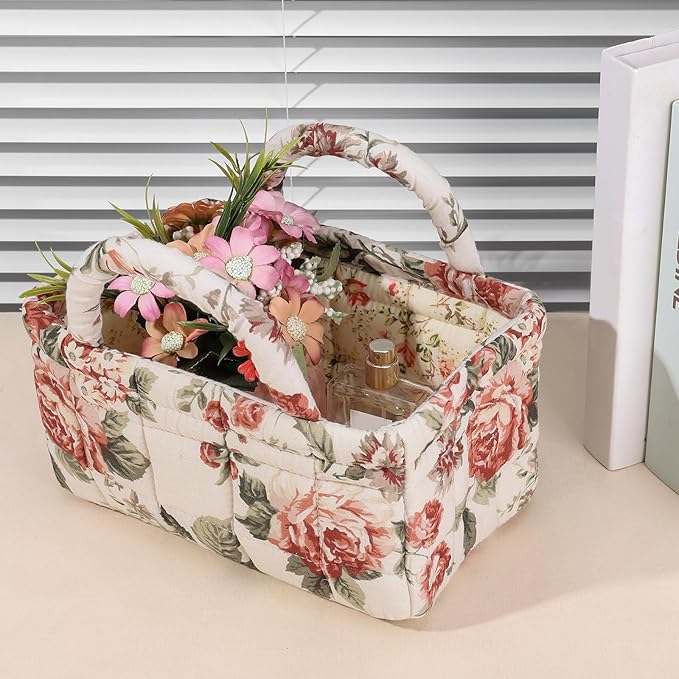Quilted Fabric Storage Basket Floral Baby Diaper Caddy Quilted Basket for Nursery Bedroom Car Storage