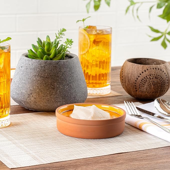 Restaurantware-Terra Tek 8.8 Ounce Terracotta Cazuelas, 2 Yellow Glazed Clay Pots For Cooking - Oven-Ready, Microwavable, Terracotta Serving Pots, Dishwashable, For Cooking And Serving