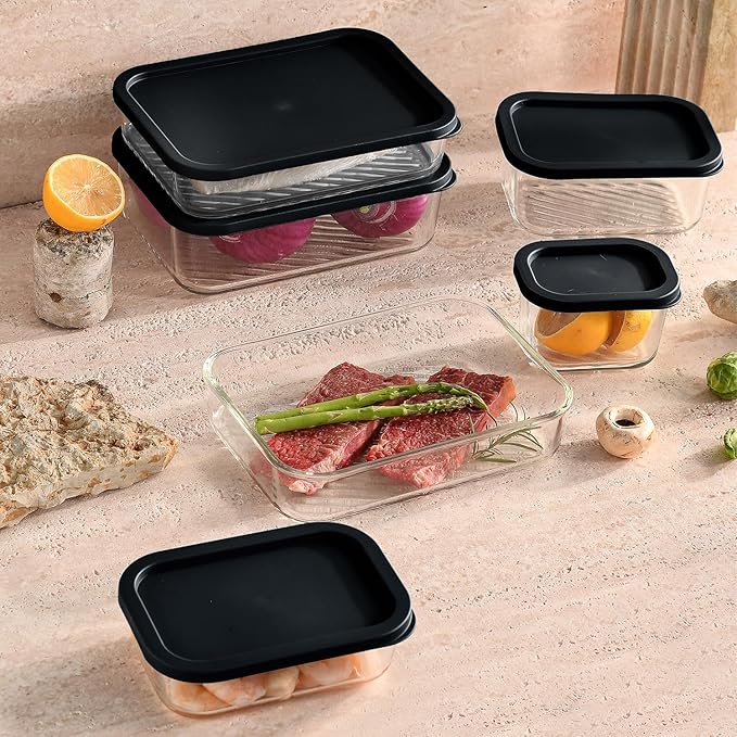 EATEX 6 Pack Glass Meal Prep Containers with Grooved Base, 6 Stackable BPA Free Glass Storage Containers with Lids for Lunch, Pantry, and Kitchen - Microwave, Dishwasher Freezer & Oven Safe - Black