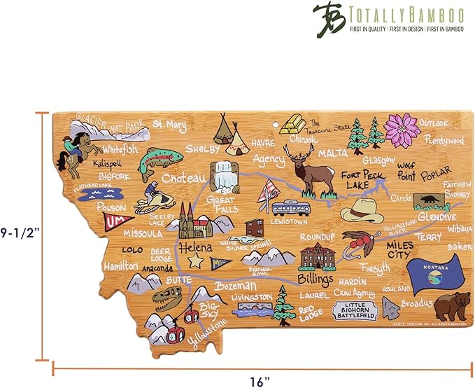 Totally Bamboo Montana State Shaped Cutting Board and Charcuterie Serving Platter with Artwork by Fish Kiss, Includes Hang Tie for Wall Display