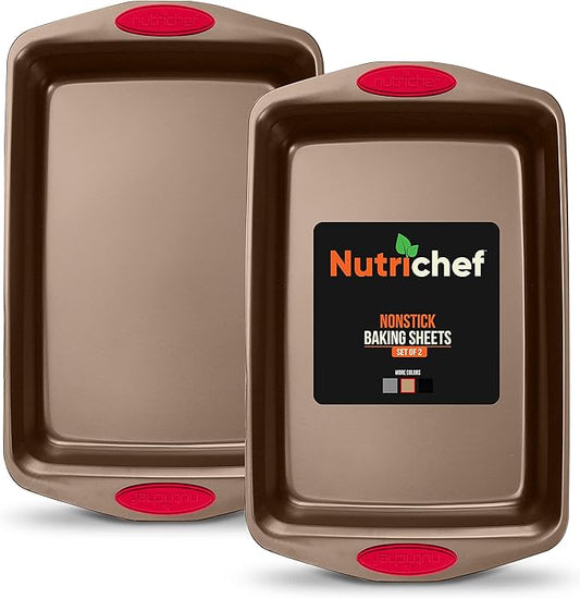 NutriChef 2-Piece Baking Pan Set - Premium Non-Stick Coating Carbon Steel Bakeware w/ Silicone Handles - PFOA, PFOS, PTFE Free Kitchen Oven Bake Tray, Cookie Sheets - Bronze, 17.3"x11.4"x1.2"