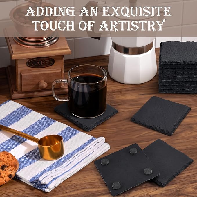 48 Pieces Slate Drink Coasters, GOH DODD 4 Inch Black Coasters Stone Coaster Set, Laser Engraving Blanks with Anti-Scratch Bottom for Home Office Bar Outdoor Housewarming Gifts Wedding Party, Square