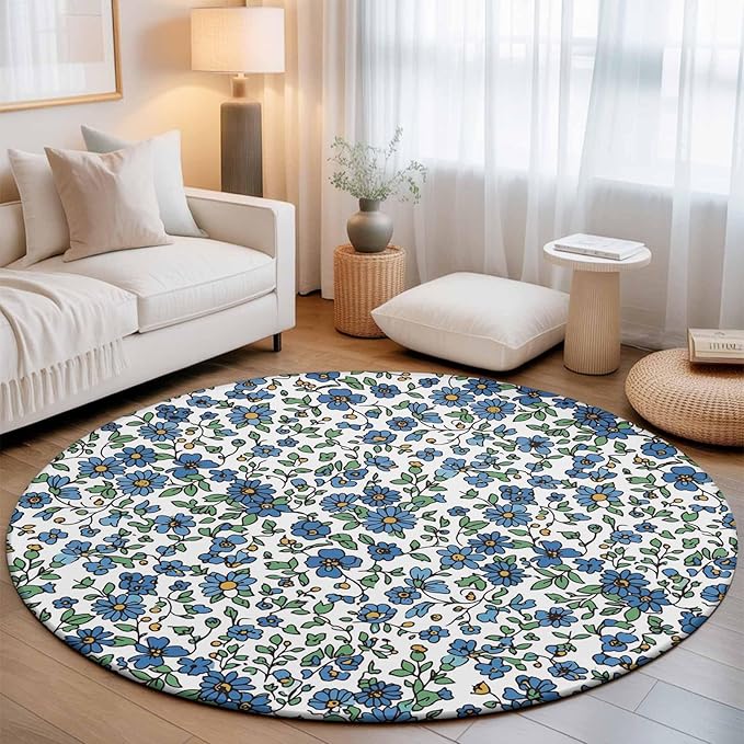Washable Round Area Rug Blue Tiny Flowers Green Leaves Circle Rugs Floor Carpet for Living Room Bedroom, Farmhouse Botanical Soft Non Slip Round Rug 5ft
