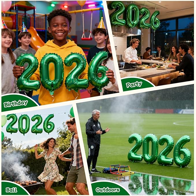 Green 2026 Balloons, 16 Inch Foil 2026 Number Balloons, Grad Balloons for Class of 2026 Graduation Party, Green Matellic Foil New Year Birthday Home Office Party Supplies